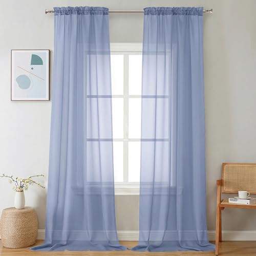 Image of Chyhomenyc Sheer Curtains 108 Inch Length 2 Panels Set - Extra Long Light Filtering Solid Voile Window Drapes for Living Room Bedroom, 42Wx108L, 9FT Length, Denim Blue