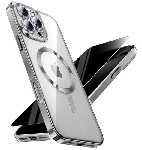 Image of Magnetic for iPhone 16 Pro Case with Privacy Screen Protector & Full Camera Cover,[Non-Yellowing] Plating Glossy Soft Shockproof Clear Phone Case with MagSafe Women Girls for iPhone 16Pro 6.3 inch,Nature