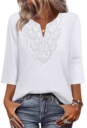 Image of WIHOLL 3 /4 Length Sleeve Womens Tops Boho V Neck Lace Shirt Trendy Blouses Dressy Casual Vacation Clothes S-3XL