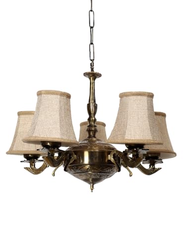 Image of Devansh 05 Lights Beige Round Shade with Antique Golden Chandelier -K