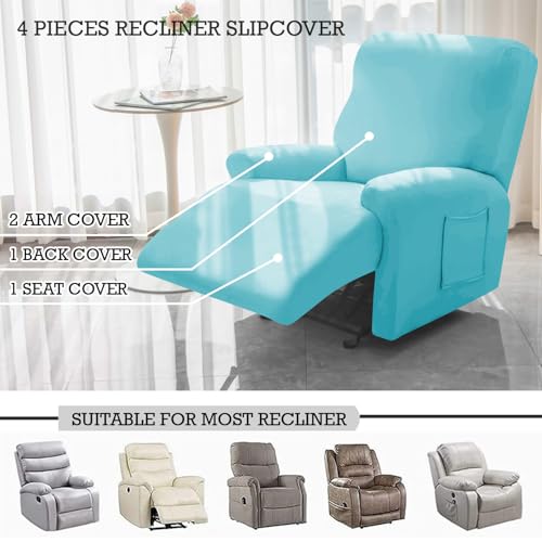 Image of HOKIPO 'SereneSolids' 140 GSM Recliner Stretch Sofa Slipcover 1 Seater Fully Covered 4-Piece Set Machine Washable Furniture Protector with Elasticity for Kids Pet, Sky Blue (AR-4740-SBLU)