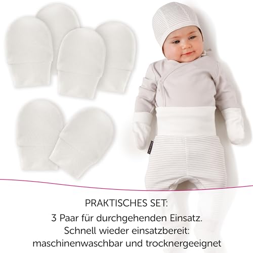 LaLoona Kratzfäustlinge/Kratzhandschuhe Set mit elastischem Bund - 3 Paar Baby Handschuhe gegen Kratzen, 100% Baumwolle, OEKO-TEX® Standard 100 geprüft - Weiß