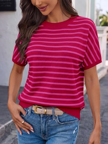 Image of Saodimallsu Women's Short Sleeve Crew Neck Knit Pullover Sweater | Casual Basic, Crew Neck, Loose Knit Pullover, Summer Lightweight