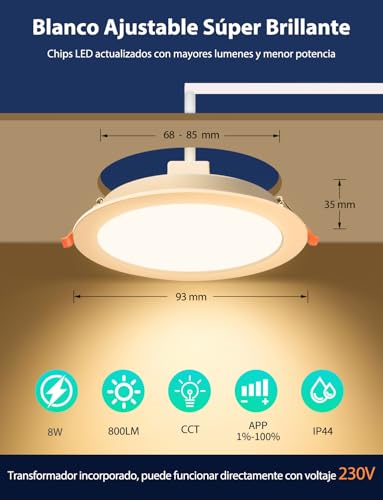 iLC Foco Empotrable LED Techo 8W, trabajar con Alexa(Se requiere un dispositivo Echo), Corte Ф68-85mm, 2700K - 6000K + RGB Cambio de Color, Aplicación controlada Downlight (4 unidades) - imagen 8
