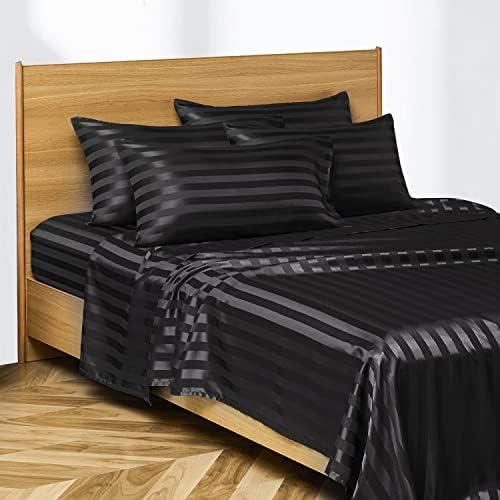 Candoury Satin Sheets Bed Set 6 Pcs, Queen Size Silky Bedding Set, Soft and Durable Pillowcase Cover, Flat Sheet and Fitted Sheet, Stain Resistant Hypoallergenic Bed Sheets Set (Queen, Black Striped)