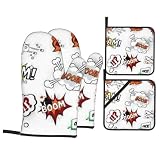 Set of Speech Bubbles in Pop Art Style Heat Resistant Oven Mitts and Pot Holders Set of 4-500°f Protection Utensil Pocket for Grilling, Baking, Cooking