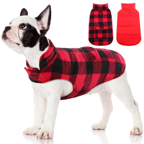 Kuoser Dog Winter Coat, Windproof Dog Fleece Jacket British Style Plaid Cold Weather Dog Vest Coats, Reversible Cozy Warm Dog Clothes Pet Apparel for Small Dogs XS