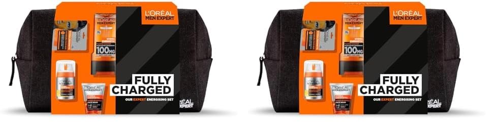 L'Oreal Men Expert Gift Set for Men, Hydra Energetic Fully Charged Washbag: Shower Gel, Moisturiser for Men, Sheet Face Mask and Face Wash (Pack of 2)