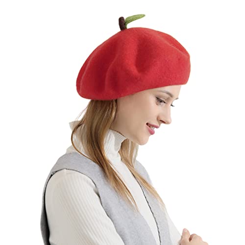 Red Apple Hat Handmade Wool Beret Felt Beanies Cute Women Winter Autumn Cap (Apple)