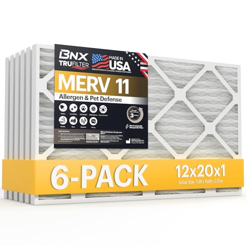 BNX TruFilter 12x20x1 Air Filter MERV 11 (6-Pack) - MADE IN USA - Allergen Defense Electrostatic Pleated Air Conditioner HVAC AC Furnace Filters for Allergies Dust Pet Smoke Allergy MPR 1200 FPR 7