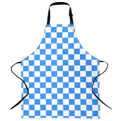 EXFAI Blue and White Checkered Adjustable Neck Bib Apron with Pocket for Men Women, Waterproof Aprons Gifts for Home Kitchen Cooking Baking Chef Painting Gardening and Party, Blue and White Checkered