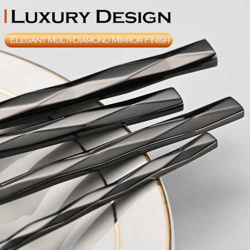 Black-Silverware-Set-Luxury-30-Piece-Flatware-Set-for-6-Cutlery-Set-Stainless-Steel-Diamond-Cut-Pattern-Home-Wedding-Party-1810-Stainless-Steel-Tablewaret-Dishwasher-Safe-Utensils Black Silverware Set Luxury 30 Piece Flatware Set for 6 Cutlery Set Stainless Steel Diamond Cut Pattern Home Wedding Party 1810 Stainless Steel Tablewaret Dishwasher Safe Utensils