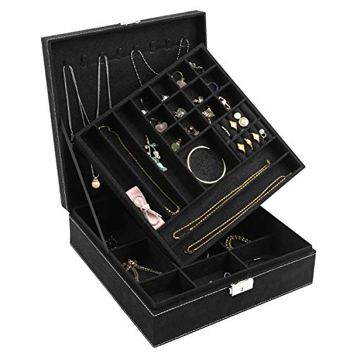 DerBlue Jewelry Case Jewelry Box for Women Two-Layer Lint Jewelry Organizer with Lock -36 Compartments and Removable Partition for Earrings Bracelets Rings Watches Case