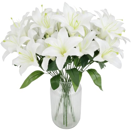 ZeKonan 10 Pcs Artificial Lily Flowers Faux Fake White Silk Lilies Bouquets
