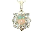 LetsBuySilver Ladies 925 Sterling Silver Ornate Large Natural Fiery Opal and Aquamarine Cluster Pendant Necklace