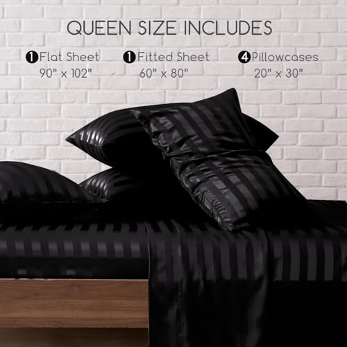 Image of MR&HM Satin Bed Sheets, Queen Size Sheets Set, 6 Pcs Silky Bedding Set with 15 Inches Deep Pocket for Mattress (Queen, Black Striped)