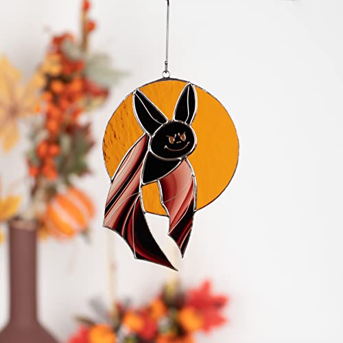 Orange Bat Moon Stained Glass Window Hangings Ornament Suncatcher Windows Doors Room Home Decoration Black Halloween Decor Spooky Goth Decor