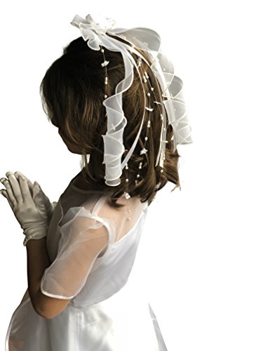 White First Communion Veil with White Floral Ribbon and Pearl Accent | One Size Fits All | Easy to Wear and Ready to Wear Out of the Box | Comes with Storage Box3