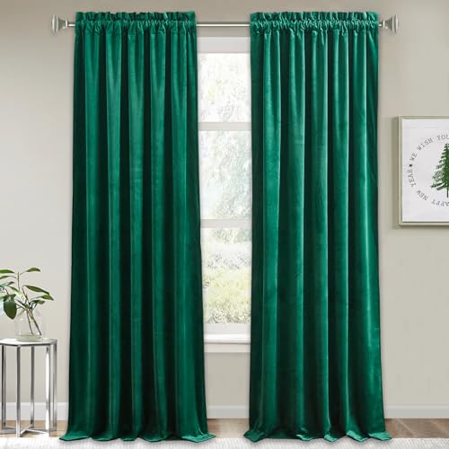 Image of RYB HOME Velvet Blackout Curtains 63 inches for Bedroom & Office | Privacy, Sunlight UV Heat Blocking, Vintage Classic, Rod Pocket, for Kitchen Laundry Room, Emerald Green, W42 x L63, 2 Panels