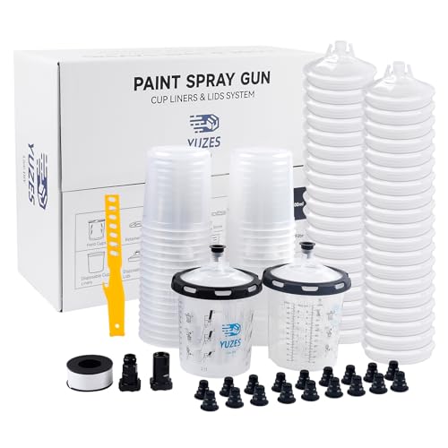 YUZES Disposable Paint Gun Cups 20 Ounce(600ML), 40 Disposable Paint Cups Liners and Lid, 2 Hard Cup with Retainer Ring, 20 Plugs, PTFE Tape, Stirrer, 2 Spray Gun Adapter, for Mix, Spray, Store Paint