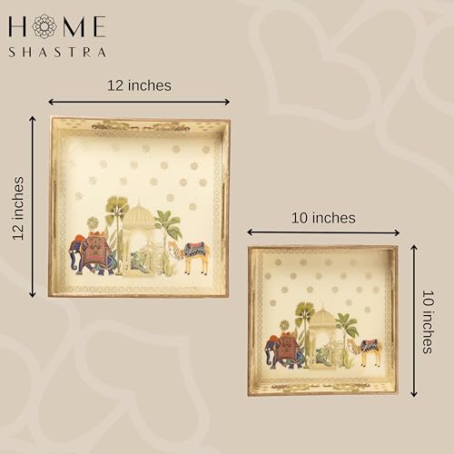 Image of Wooden Serving Tray with Gold Engraving | Set of 2 | Size : 12 x 12 inch & 10 x 10 inch | Enamel Coated Waterproof | Square Trays | Decorative Trays | (Royal Camel Square Trays Set)