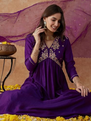 Image of SheWill Women's Vichitra Zari Sequence Embroidery Alia Cut Kurta with Palazzo Dupatta Set