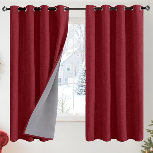 YoungsTex Burgundy Linen Blackout Curtains for Bedroom 63 Inch Length, Thermal Insulated Drapes with Grommet for Winter Living Room Window, 2 Panels, 52 X 63 Inch