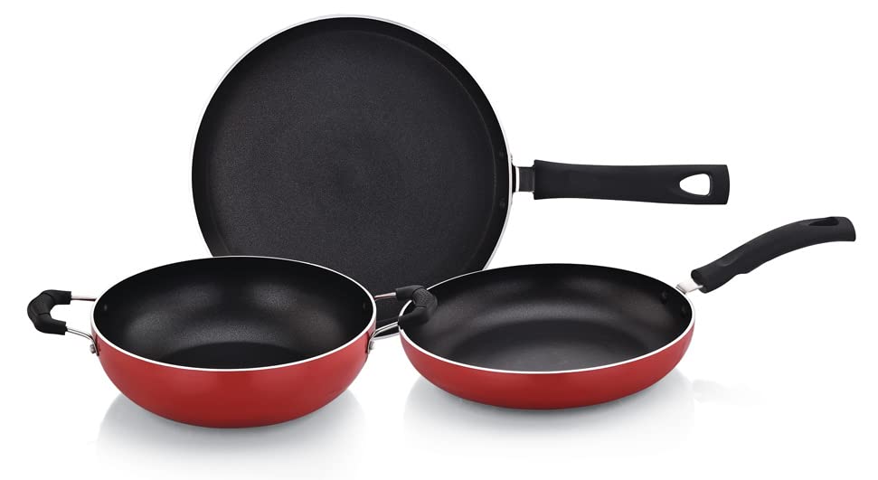 Image of TWIN BIRDS Induction Base Non Stick Aluminium Cookware Set Including Kadai 240MM, Fry Pan 240 MM, Tawa 250 MM and Glass Lid | Red and Black