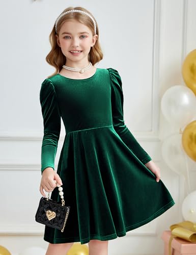 Arshiner Girls Dresses Long Sleeve Crew Neck Bow Back Velvet Formal Party Dresses with Pockets4