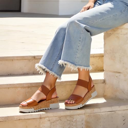 DREAM PAIRS DREAM PAIRS Womens Open Toe Elastic Strap Casual Flatform Platform Wedges Sandals,Size 7,Camel,REED-2