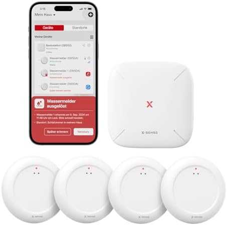 X-Sense Wassermelder WLAN mit SBS50 Basisstation, Smarter Wassermelder, App-Warnungen(nur 2.4Ghz), wasserdicht nach IP67, Funk-Wassersensor für Küche, Bad, Keller, SWS0A41, 5er Set