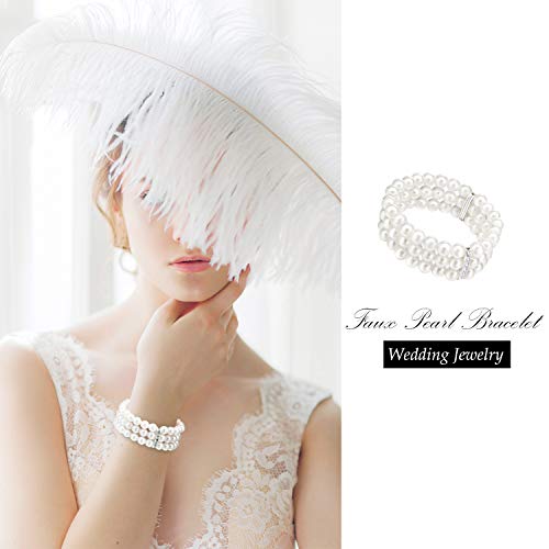 Hicarer 4 Piece Faux Pearl Bracelet 3-Row Pearl Stretch Bracelet Multilayer Pearl Elastic Bangle For Wedding Jewelry 1920S Costume #TOP1