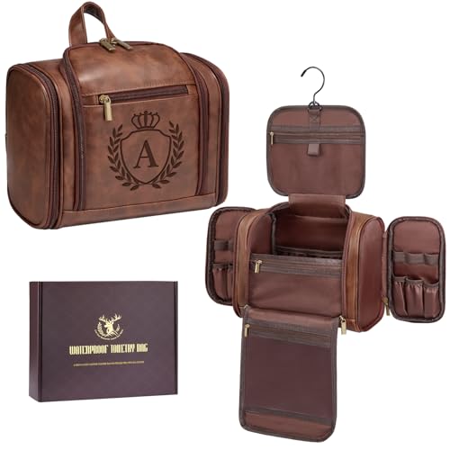 Aganmi Personalized 30th 40th 50th 60th 70th Birthday Gifts for Men Large Leather Travel Toiletry Bag Hanging Shaving Dopp Kit Customized Traveling Case Cognac Brown Monogrammed Initial Letter A
