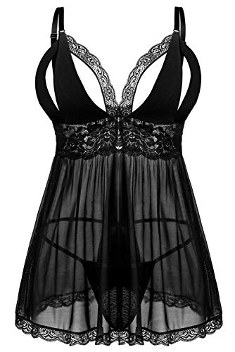 Donnalla Women Plus Size Lingerie Set Sexy Lace Babydoll Lingerie Dress Chemise Sleepwear with Thong