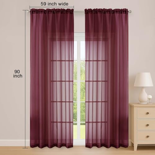 Image of OWENIE Sheer Curtains 84 Inches Long 2 Panels Set, Burgundy Sheer Curtain for Living Room Bedroom, Modern Filmy Rod Pocket Curtains Drapes, 2 Pcs, Each 59 W x 84L, Burgundy