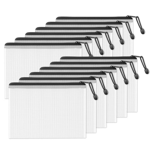 SUNEE Kunststoff-Netztasche mit Reißverschluss, 17,8 x 27,9 cm, Schwarz, 12 Packungen, kleine wasserabweisende Reißverschlusstasche für Schule, Bürobedarf, Bleistift-Organisation, Aufbewahrung