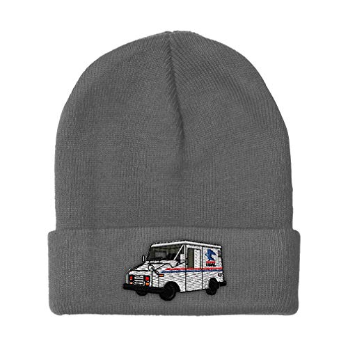 Custom Beanie for Men & Women Mail Truck Embroidery Acrylic Skull Cap Hat Light Grey Design Only