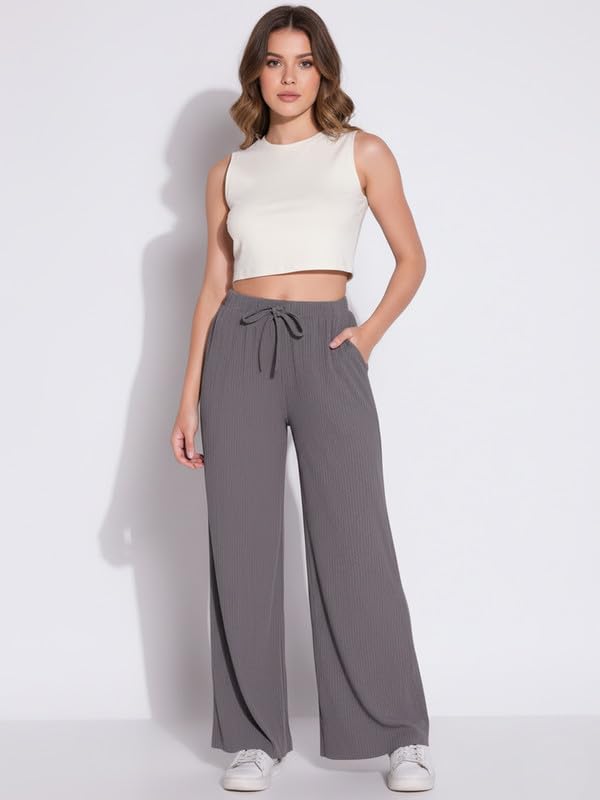 Image of DTR FASHION Women's Solid Lining Stretchable Cotton Blend Casual Wide Leg Trouser