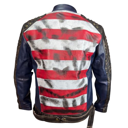 Image of The Next Mens Distressed Inspired by American Flag USA Casual Motorcycle Zipper Coat With USA Flag Genuine Leather Jackets