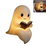 Ghost Reading Book Lamp, 3D Resin Halloween Ghost Night Light, Funny Indoor 3D LED Nightlight Figurine, Ghost Warm Lighted Indoor Figurine Lamps for Party Bedroom Living Room (8.6 inch)