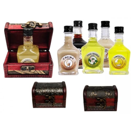 Lote de 5 Botellas de Licor 'Toscana La Rivera' Sabores a Elegi con Baúl de Madera Clásico. Regalos. Detalles de Bodas, Comuniones, Bautizos, Cumpleaños y Eventos.DC (ARROZ CON LECHE)