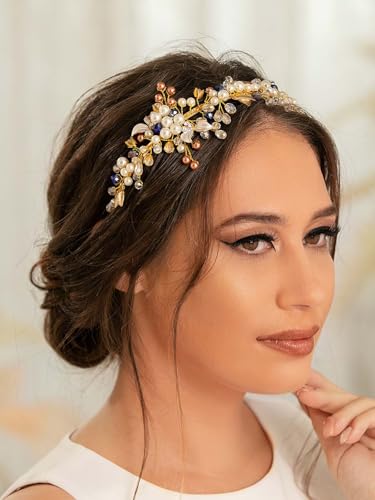 IYOU Diadema de Boda Perlas Tiara Bandas para el Cabello con Hoja Oro Accesorios para el Cabello de Fama de Honor Novia Diamantes de Imitación para Mujeres