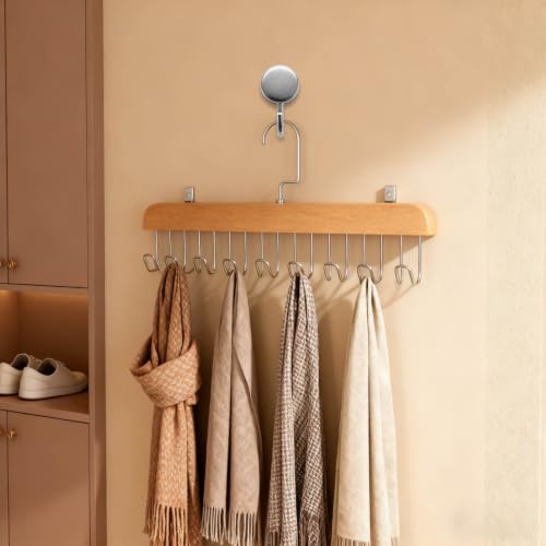 Wooden Hangers, 2 PCS Multifunctional High Load-Bearing Rust Resistant Space Saving Belt Hanger with 8 Hooks,360 ° Rotating Top Hook Wear-Resistant Without Nails Tie Rack for Ties Scarves Belts，Beige - image 2