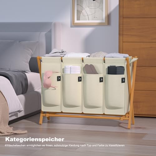 AdelDream Cesto para la colada 4 compartimentos 200L bambú para la ropa sucia madera con tapa estantes de bambú en forma de X 200L color beige - imagen 6