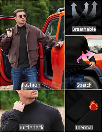 Ekouaer 3Pack Herren Langarmshirt Thermounterwäsche Rollkragenpullover Longsleeve Thermoshirt Warm mit Innenfleece Schwarz*3 L