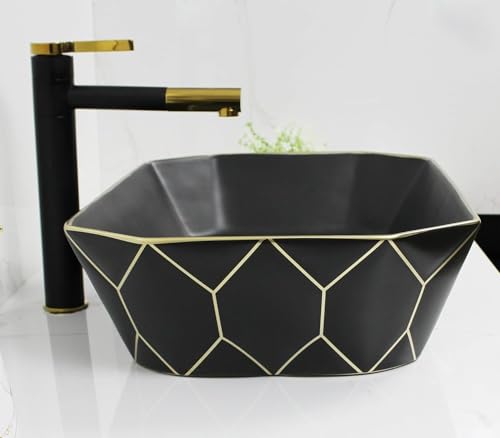 Image of BASSINO 20x14x6 Inches Ceramic Counter Top Wash Basin /1 Year Warranty /Rectangular Tabletop Basin for Bathroom /Above Counter Sink for Dining Hall /Living Room /Hotel /Office(Black & Gold Finish)