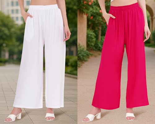 Image of Buy That Trendz Palazzo Pants for Women Cotton Rayon Elasticated Regular Fit Flared Wide Leg M to 6XL Pack of 2