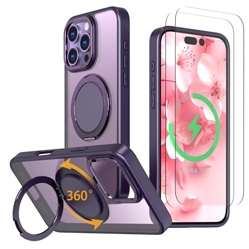 Coque iPhone 16 Pro violette compatible MagSafe avec support rotatif et 2 verres trempés