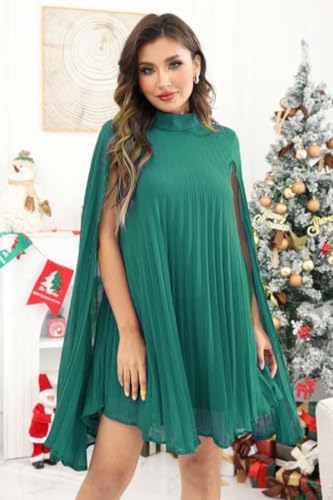 Image of Women's Casual Cape Sleeve Pleated Split Short Dress Loose Fit Cocktail Party Flowy Dress