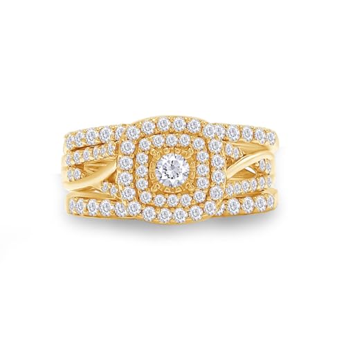 Square Halo Wedding Double Band Set Engagement Ring 14K Gold Plated Sterling Silver 1 Cttw Lab Created Moissanite Promise Eternity Ring for Women (1 Cttw,VVS1 Clarity)2